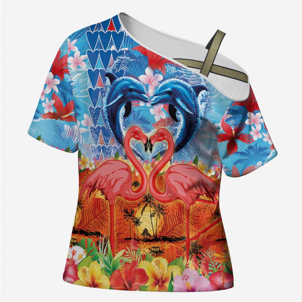 Hawaiian Love-Couple Dolphins and Flamingos Cross Shoulder Shirt - Polynesian Pride