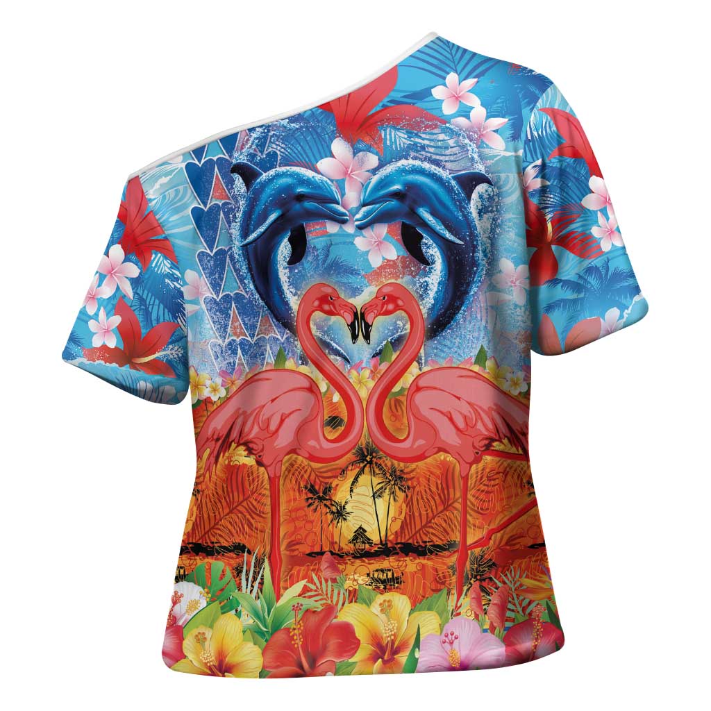 Hawaiian Love-Couple Dolphins and Flamingos Cross Shoulder Shirt - Polynesian Pride
