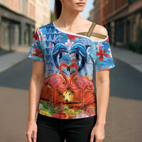 Hawaiian Love-Couple Dolphins and Flamingos Cross Shoulder Shirt - Polynesian Pride