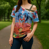 Hawaiian Love-Couple Dolphins and Flamingos Cross Shoulder Shirt - Polynesian Pride