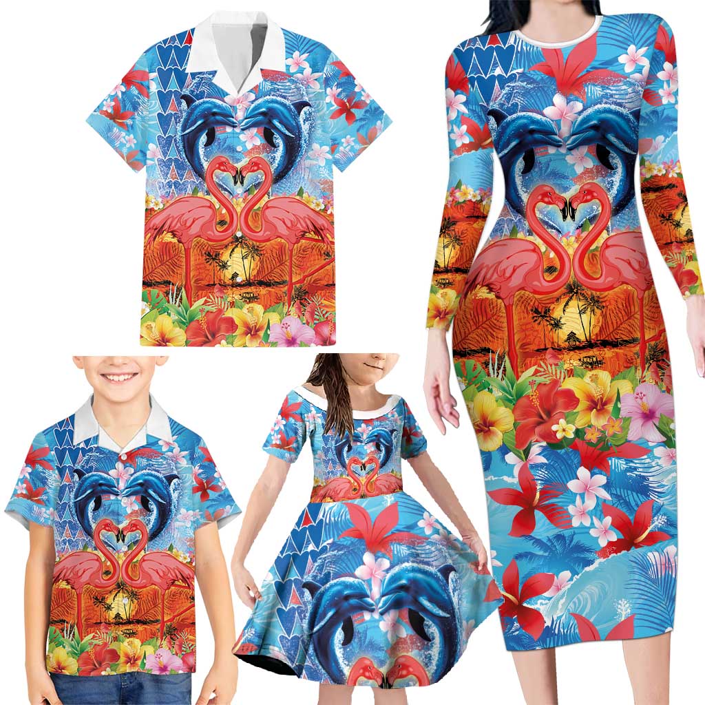 Hawaiian Love-Couple Dolphins and Flamingos Family Matching Long Sleeve Bodycon Dress and Hawaiian Shirt - Polynesian Pride