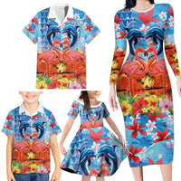 Hawaiian Love-Couple Dolphins and Flamingos Family Matching Long Sleeve Bodycon Dress and Hawaiian Shirt - Polynesian Pride