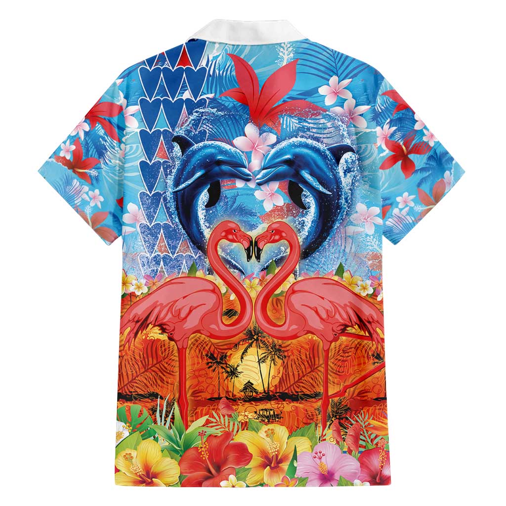 Hawaiian Love-Couple Dolphins and Flamingos Family Matching Long Sleeve Bodycon Dress and Hawaiian Shirt - Polynesian Pride