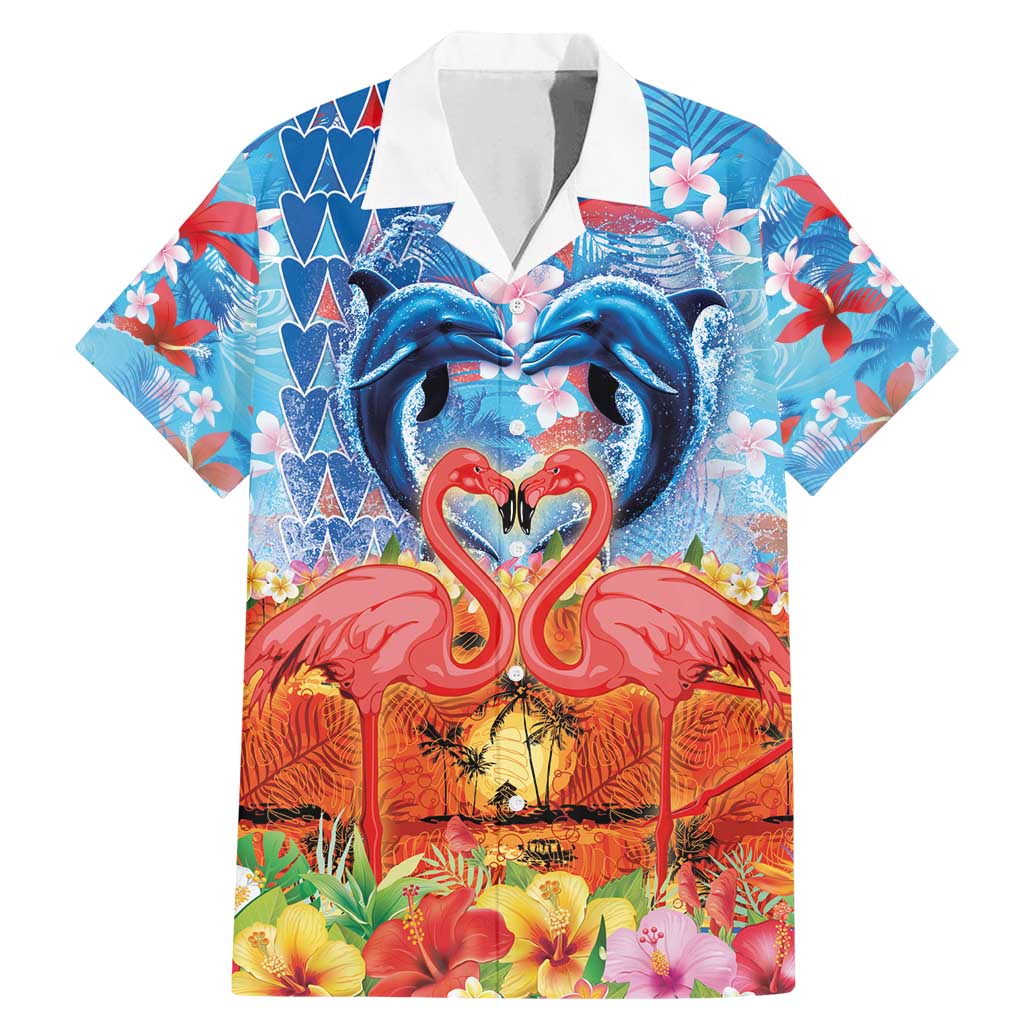 Hawaiian Love-Couple Dolphins and Flamingos Family Matching Mermaid Dress and Hawaiian Shirt - Polynesian Pride