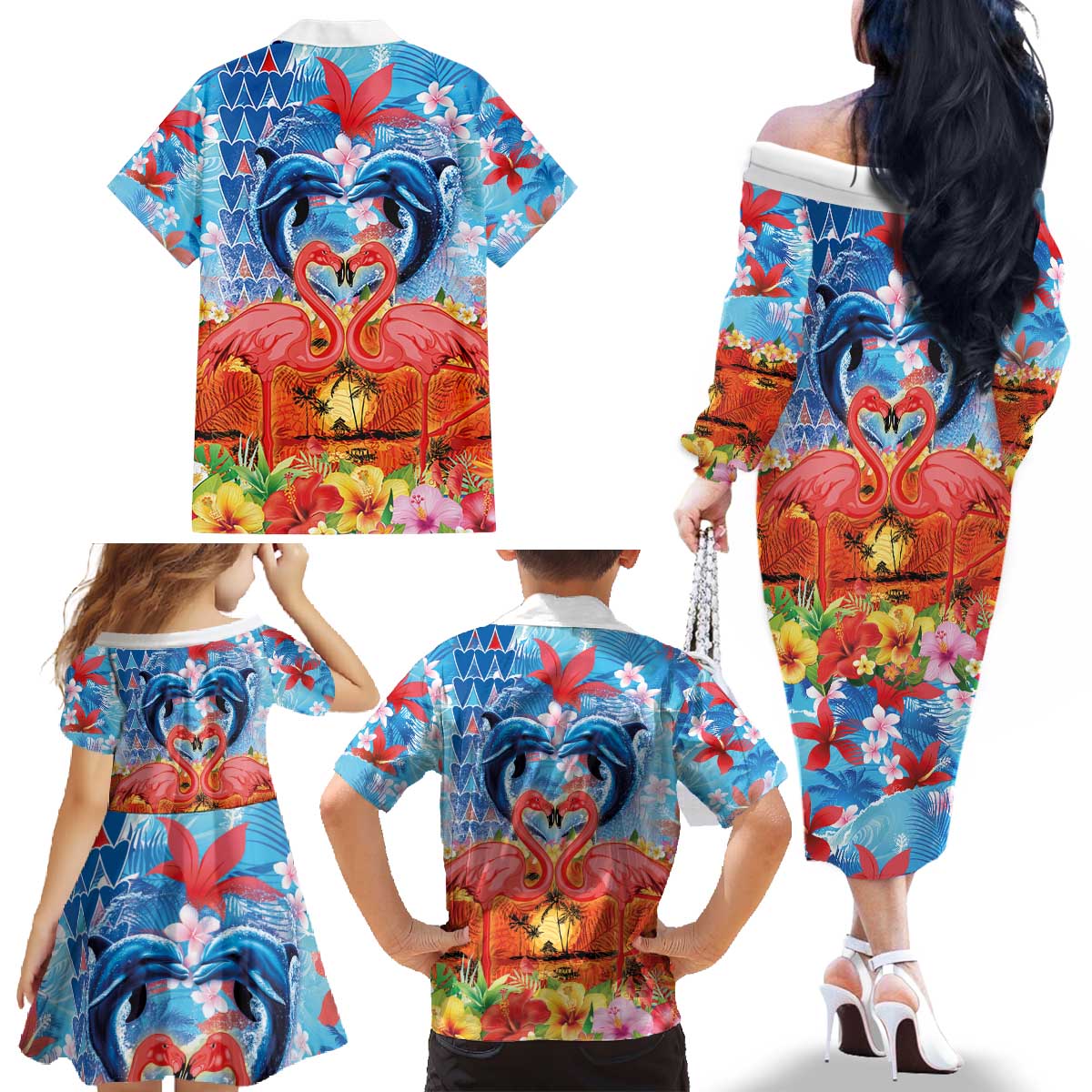 Hawaiian Love-Couple Dolphins and Flamingos Family Matching Off The Shoulder Long Sleeve Dress and Hawaiian Shirt - Polynesian Pride