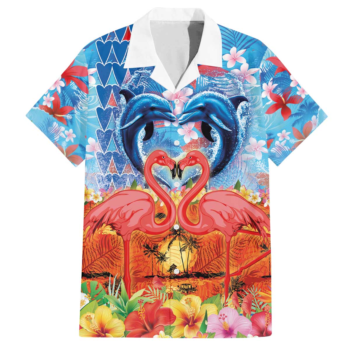 Hawaiian Love-Couple Dolphins and Flamingos Family Matching Off The Shoulder Long Sleeve Dress and Hawaiian Shirt - Polynesian Pride