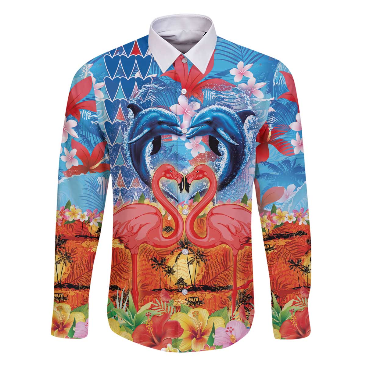 Hawaiian Love-Couple Dolphins and Flamingos Family Matching Off The Shoulder Long Sleeve Dress and Hawaiian Shirt - Polynesian Pride