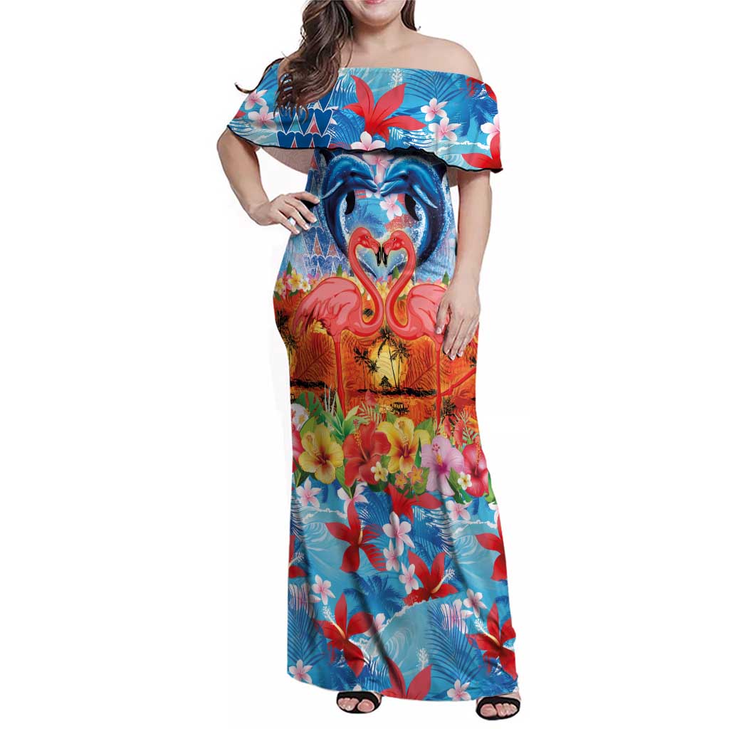 Hawaiian Love-Couple Dolphins and Flamingos Family Matching Off Shoulder Maxi Dress and Hawaiian Shirt - Polynesian Pride
