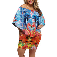 Hawaiian Love-Couple Dolphins and Flamingos Family Matching Off Shoulder Short Dress and Hawaiian Shirt - Polynesian Pride