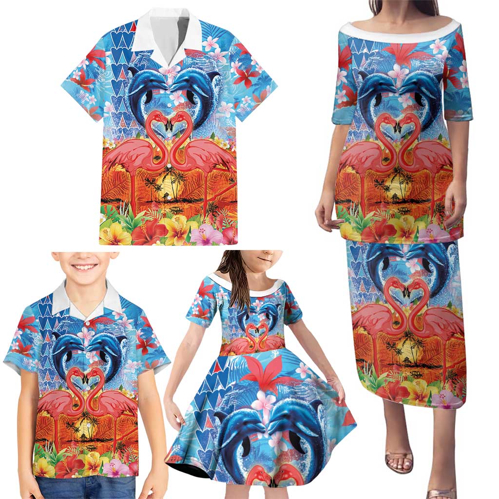 Hawaiian Love-Couple Dolphins and Flamingos Family Matching Puletasi and Hawaiian Shirt - Polynesian Pride