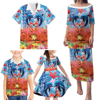 Hawaiian Love-Couple Dolphins and Flamingos Family Matching Puletasi and Hawaiian Shirt - Polynesian Pride
