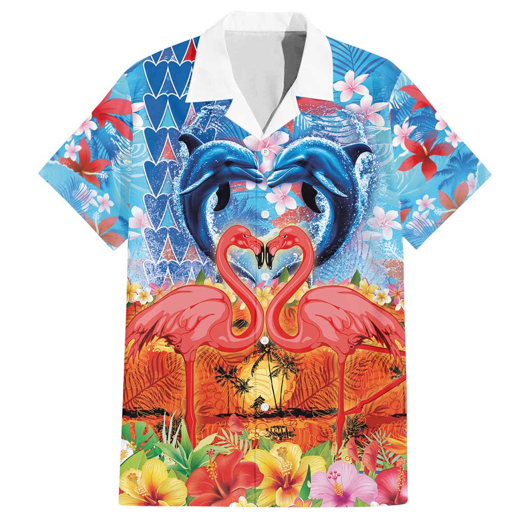 Hawaiian Love-Couple Dolphins and Flamingos Family Matching Puletasi and Hawaiian Shirt - Polynesian Pride