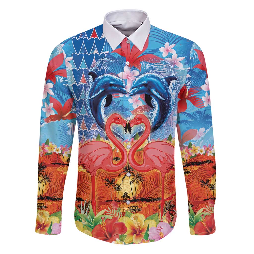 Hawaiian Love-Couple Dolphins and Flamingos Family Matching Puletasi and Hawaiian Shirt - Polynesian Pride