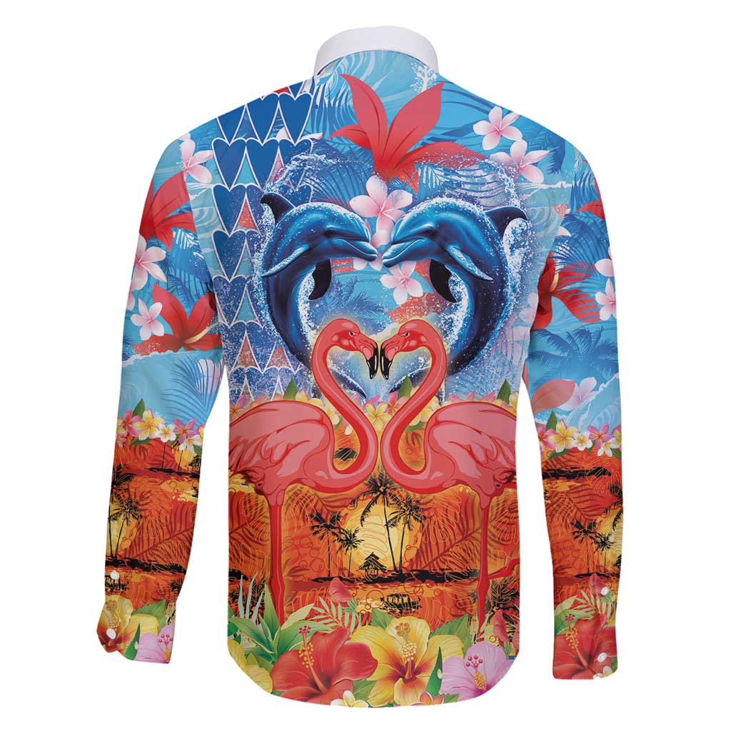 Hawaiian Love-Couple Dolphins and Flamingos Family Matching Puletasi and Hawaiian Shirt - Polynesian Pride
