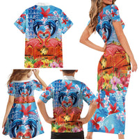Hawaiian Love-Couple Dolphins and Flamingos Family Matching Short Sleeve Bodycon Dress and Hawaiian Shirt - Polynesian Pride