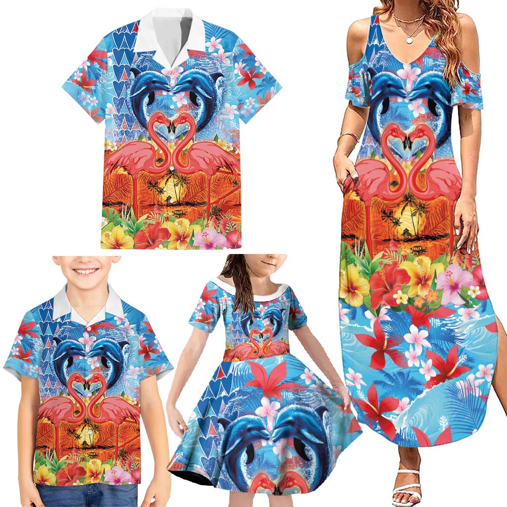 Hawaiian Love-Couple Dolphins and Flamingos Family Matching Summer Maxi Dress and Hawaiian Shirt - Polynesian Pride