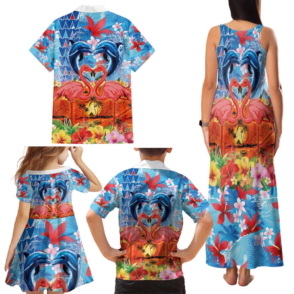 Hawaiian Love-Couple Dolphins and Flamingos Family Matching Tank Maxi Dress and Hawaiian Shirt - Polynesian Pride