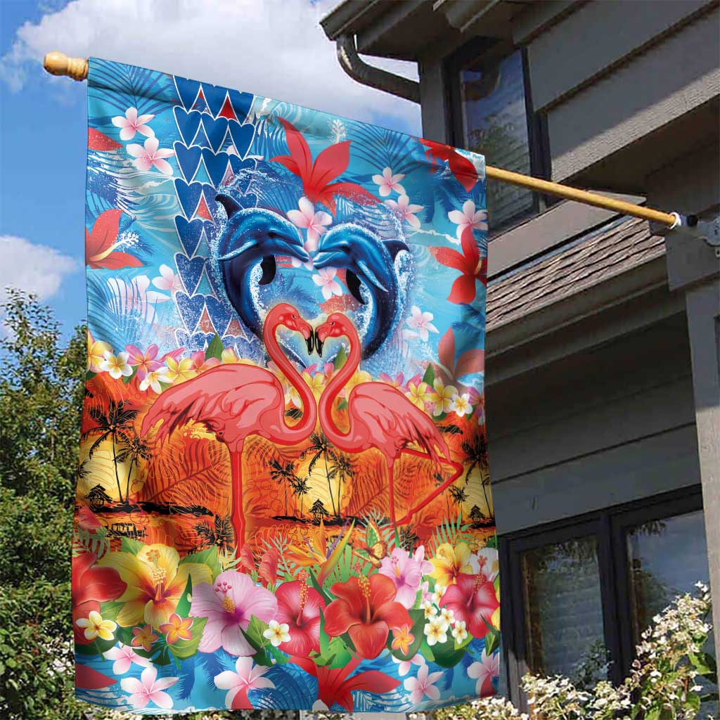 Hawaiian Love-Couple Dolphins and Flamingos Garden Flag - Polynesian Pride