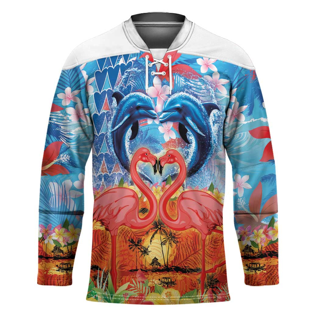 Hawaiian Love-Couple Dolphins and Flamingos Hockey Jersey - Polynesian Pride