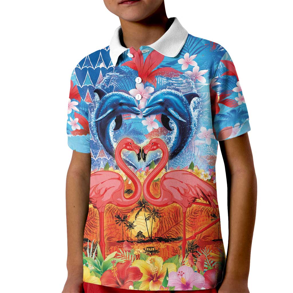 Hawaiian Love-Couple Dolphins and Flamingos Kid Polo Shirt - Polynesian Pride