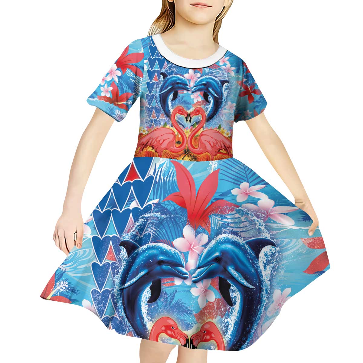 Hawaiian Love-Couple Dolphins and Flamingos Kid Short Sleeve Dress - Polynesian Pride