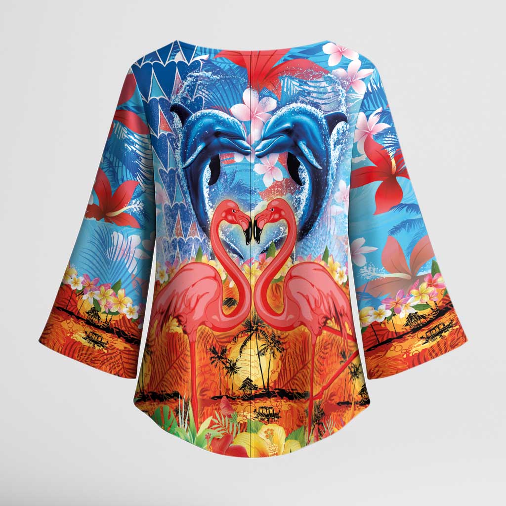Hawaiian Love-Couple Dolphins and Flamingos Kimono Sleeve Blouse - Polynesian Pride