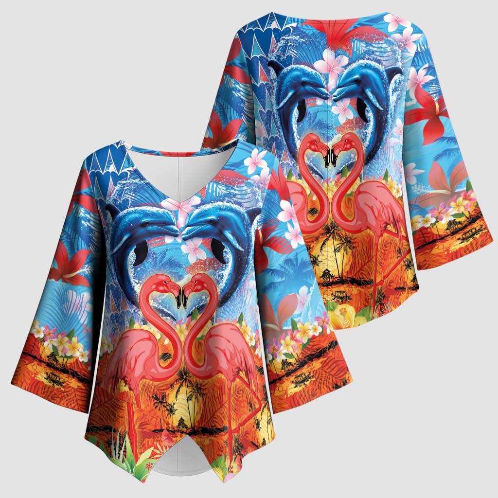 Hawaiian Love-Couple Dolphins and Flamingos Kimono Sleeve Blouse - Polynesian Pride