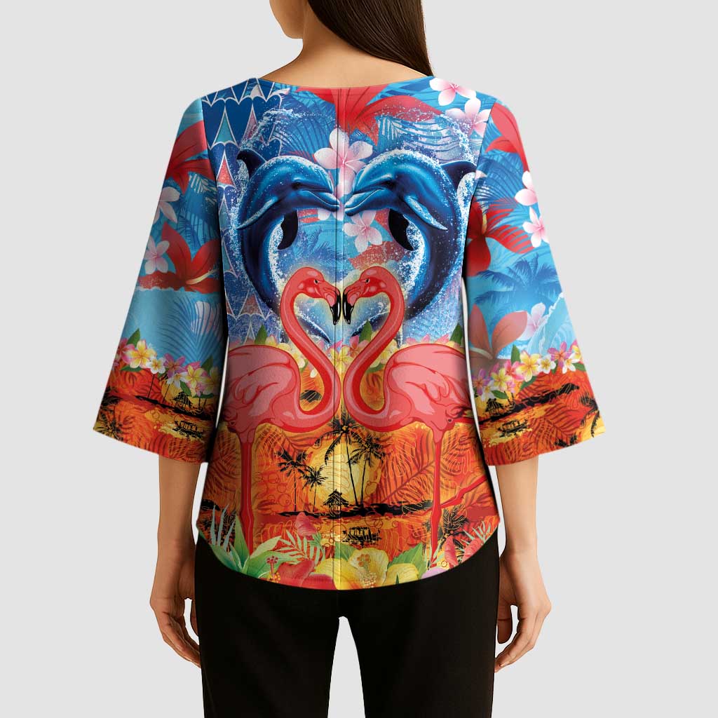 Hawaiian Love-Couple Dolphins and Flamingos Kimono Sleeve Blouse - Polynesian Pride