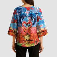 Hawaiian Love-Couple Dolphins and Flamingos Kimono Sleeve Blouse - Polynesian Pride