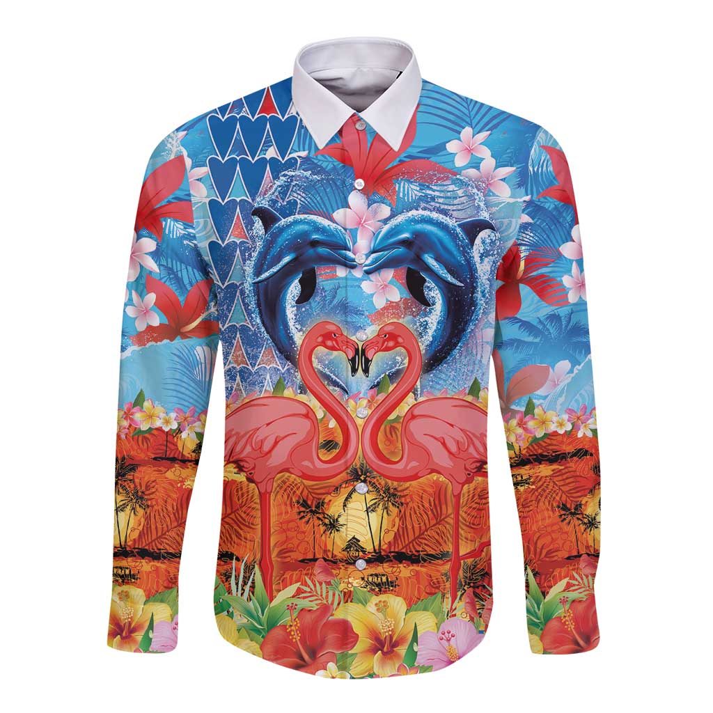 Hawaiian Love-Couple Dolphins and Flamingos Long Sleeve Button Shirt - Polynesian Pride