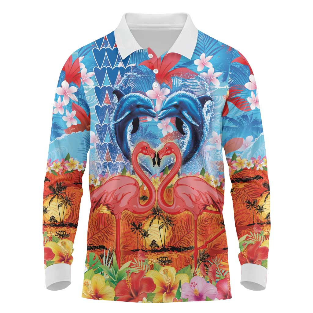 Hawaiian Love-Couple Dolphins and Flamingos Long Sleeve Polo Shirt - Polynesian Pride