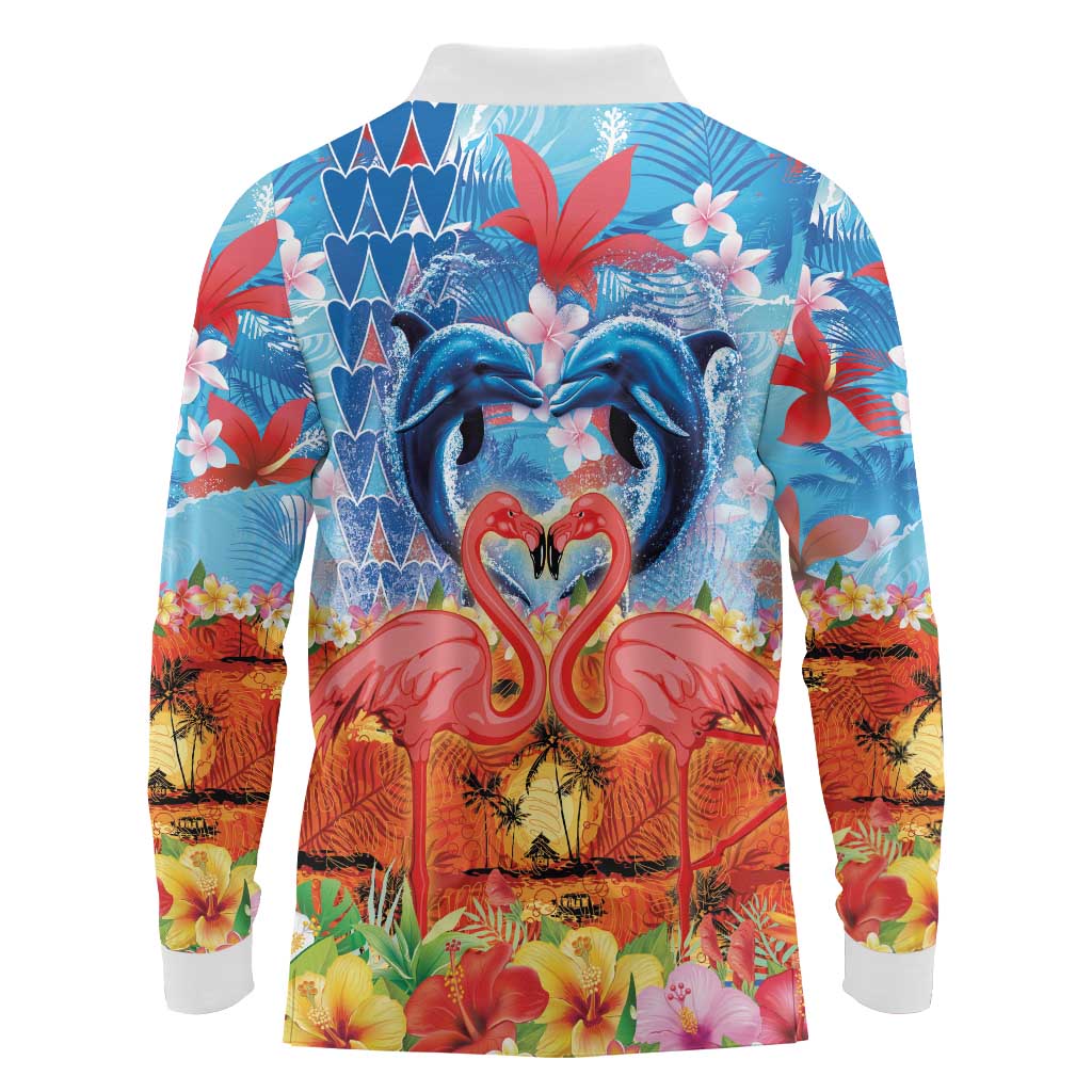 Hawaiian Love-Couple Dolphins and Flamingos Long Sleeve Polo Shirt - Polynesian Pride