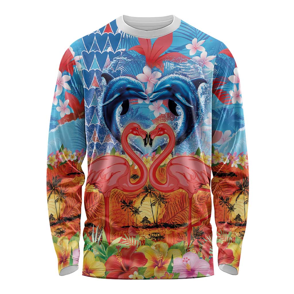 Hawaiian Love-Couple Dolphins and Flamingos Long Sleeve Shirt - Polynesian Pride