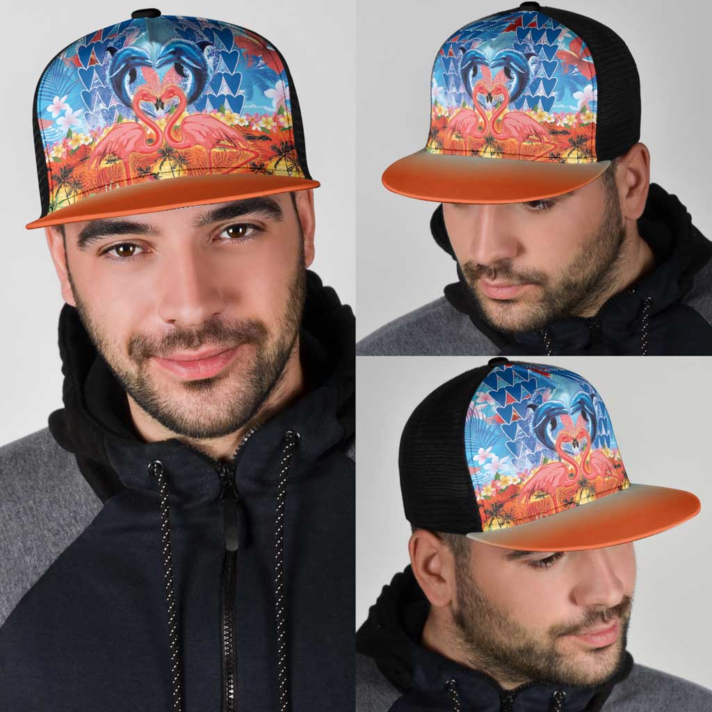 Hawaiian Love-Couple Dolphins and Flamingos Mesh Trucker Cap - Polynesian Pride
