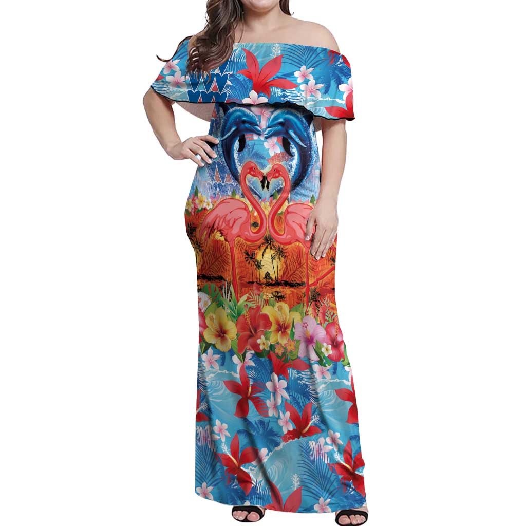Hawaiian Love-Couple Dolphins and Flamingos Off Shoulder Maxi Dress - Polynesian Pride