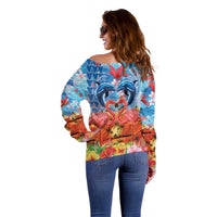 Hawaiian Love-Couple Dolphins and Flamingos Off Shoulder Sweater - Polynesian Pride