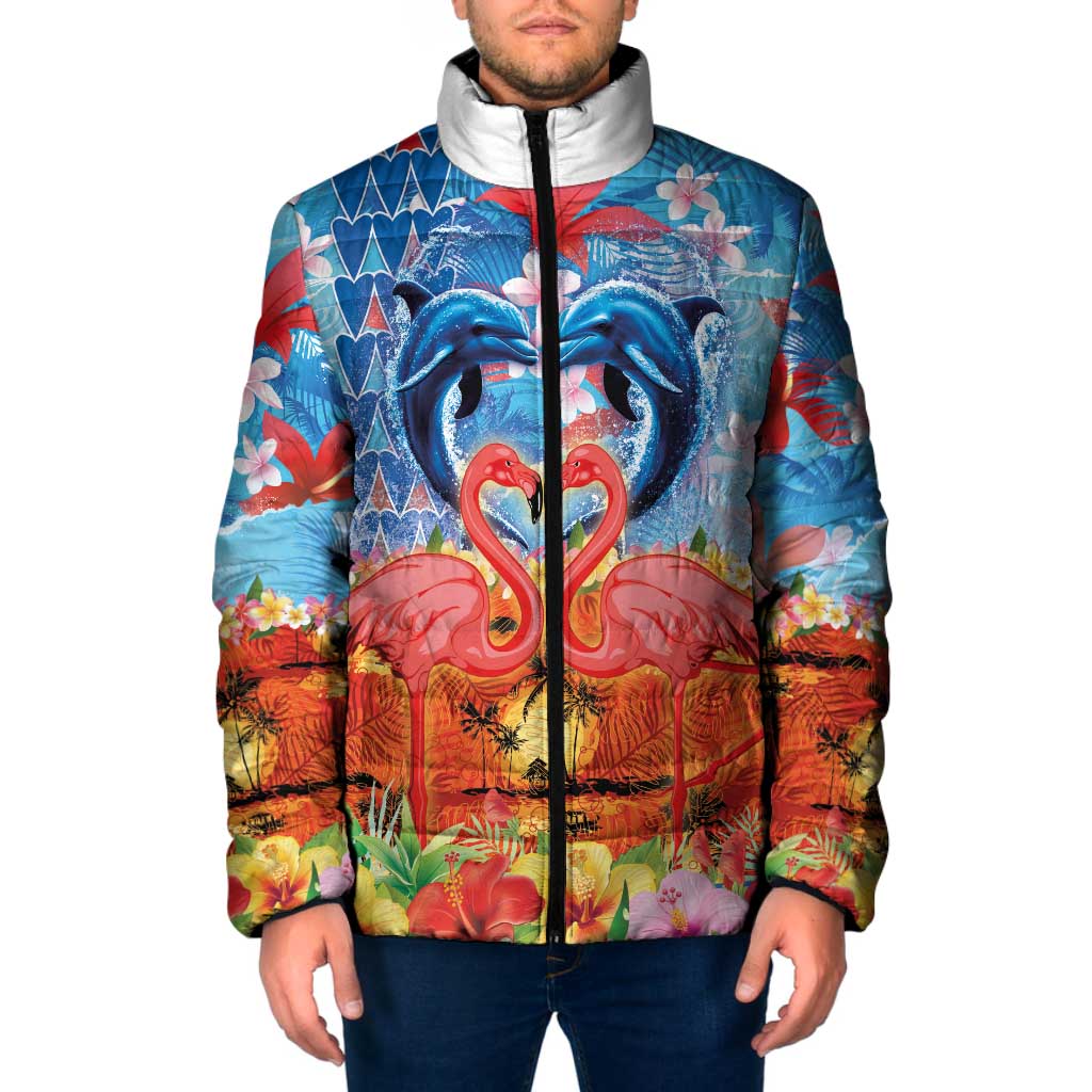 Hawaiian Love-Couple Dolphins and Flamingos Padded Jacket - Polynesian Pride