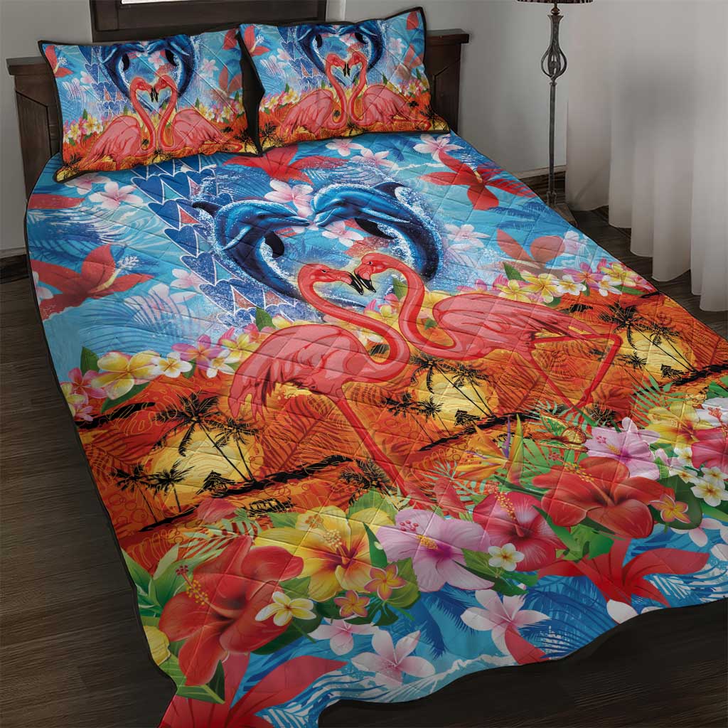 Hawaiian Love-Couple Dolphins and Flamingos Quilt Bed Set - Polynesian Pride