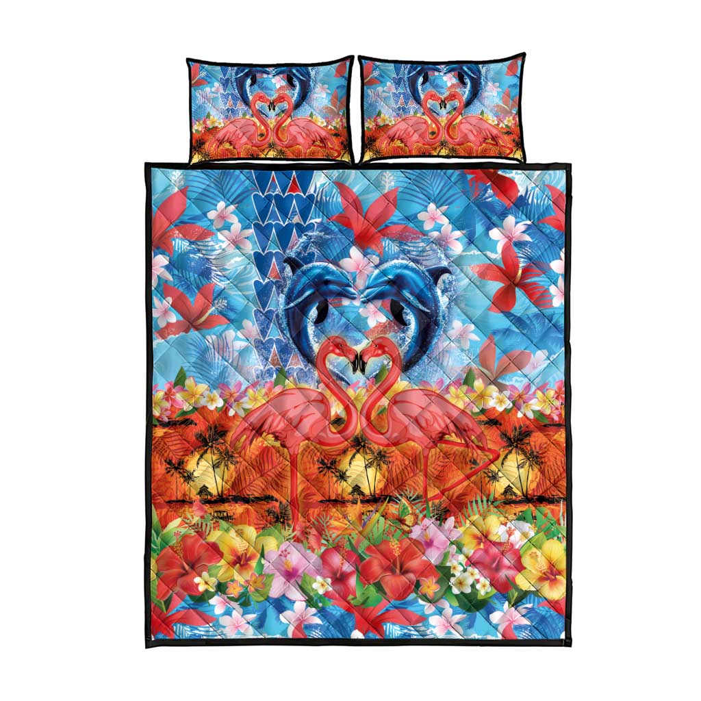 Hawaiian Love-Couple Dolphins and Flamingos Quilt Bed Set - Polynesian Pride
