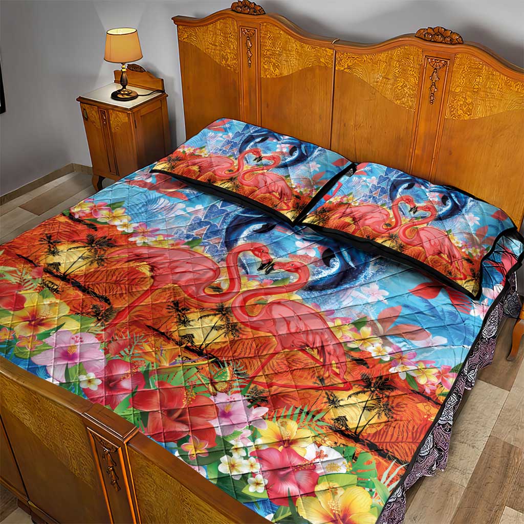 Hawaiian Love-Couple Dolphins and Flamingos Quilt Bed Set - Polynesian Pride