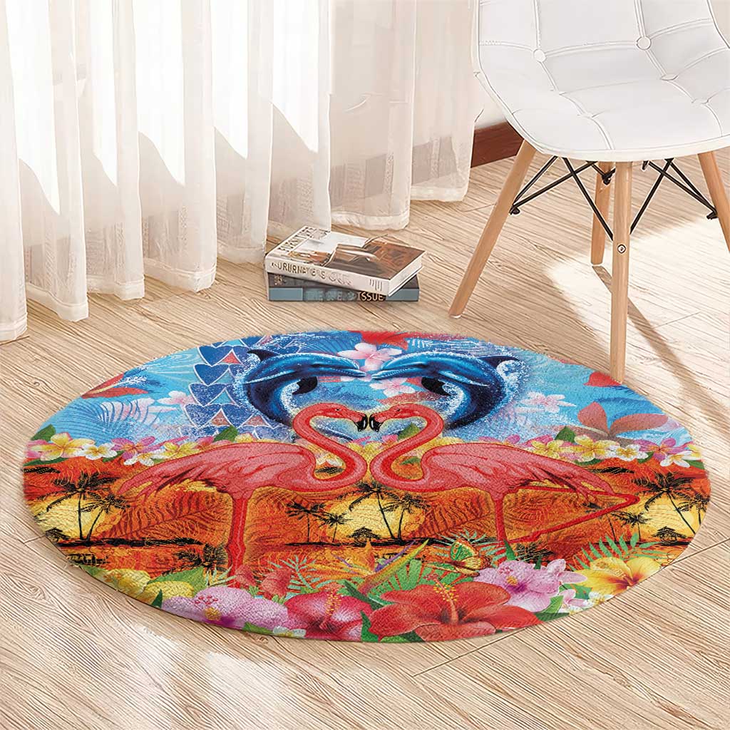 Hawaiian Love-Couple Dolphins and Flamingos Round Carpet - Polynesian Pride