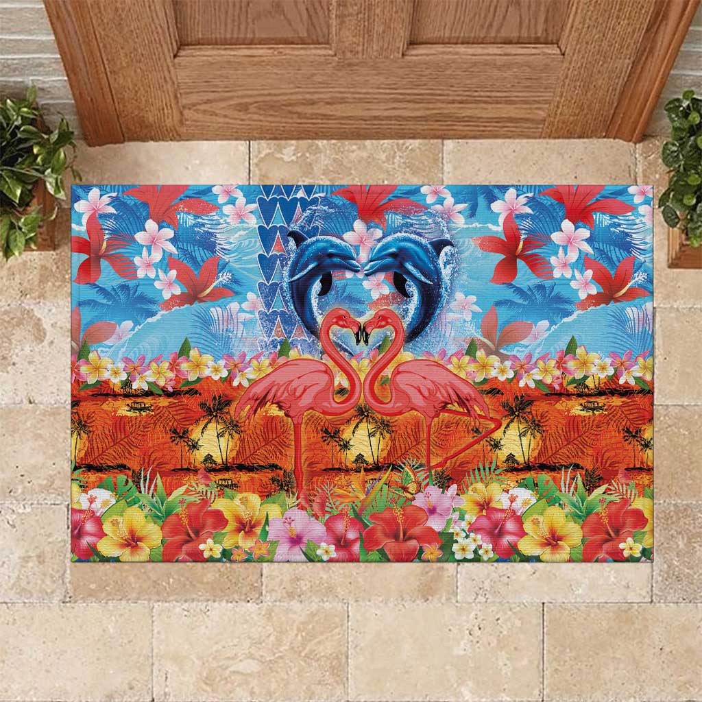 Hawaiian Love-Couple Dolphins and Flamingos Rubber Doormat - Polynesian Pride