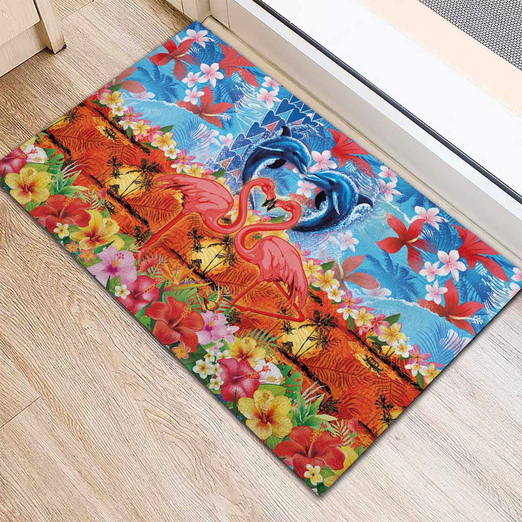 Hawaiian Love-Couple Dolphins and Flamingos Rubber Doormat - Polynesian Pride