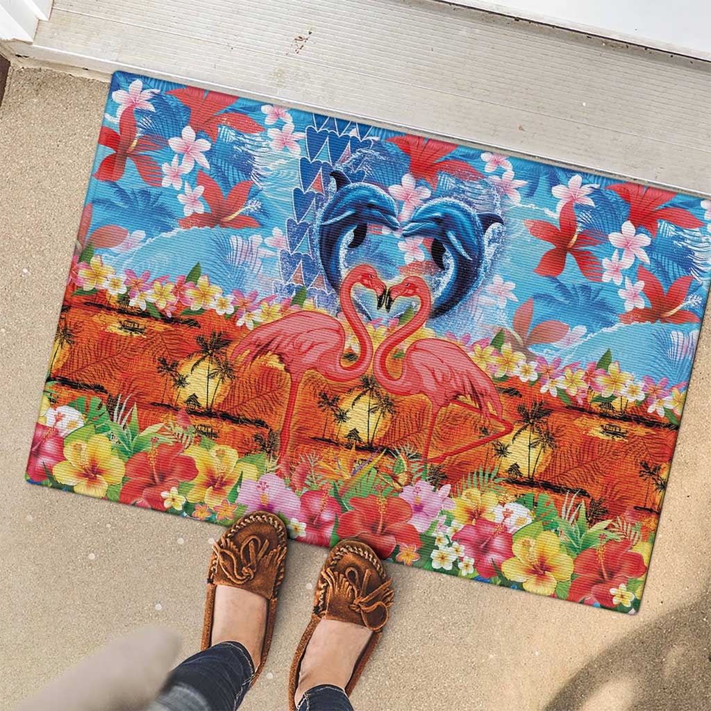 Hawaiian Love-Couple Dolphins and Flamingos Rubber Doormat - Polynesian Pride