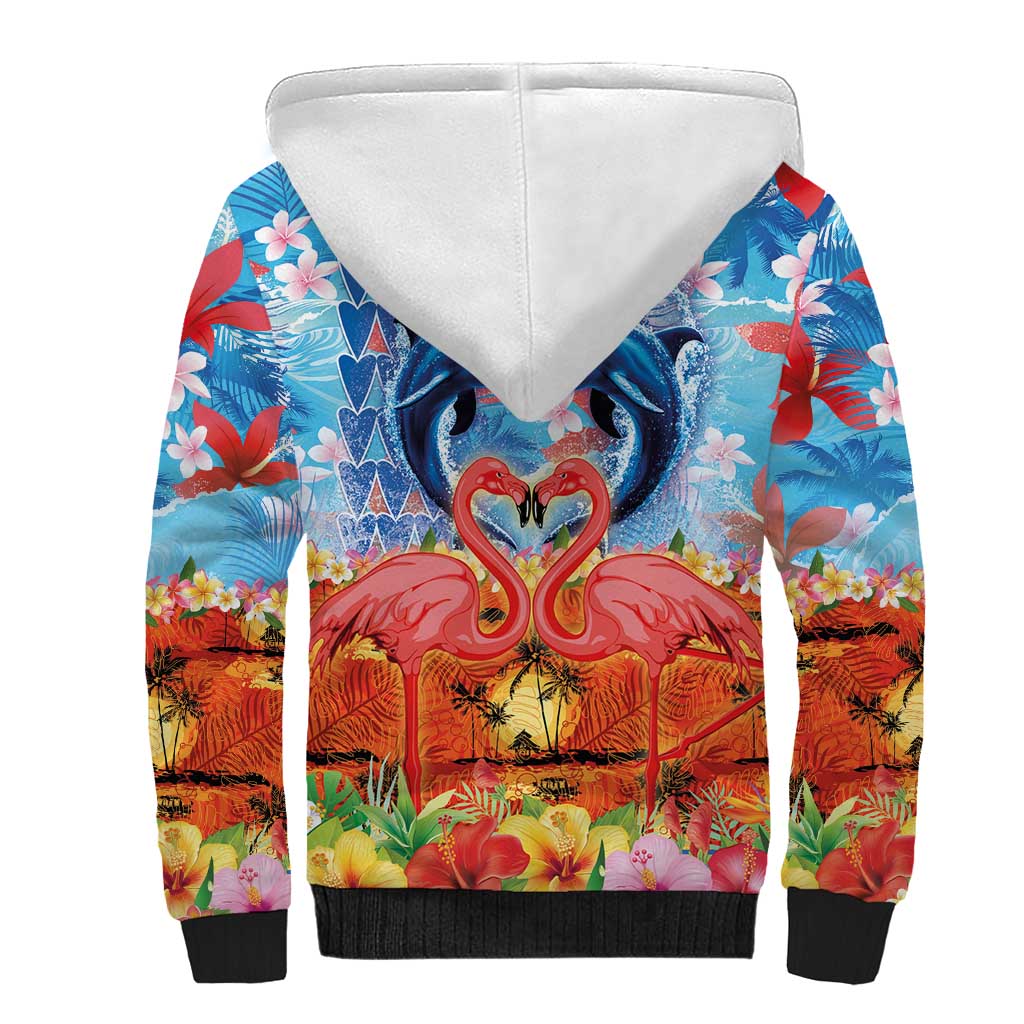 Hawaiian Love-Couple Dolphins and Flamingos Sherpa Hoodie - Polynesian Pride