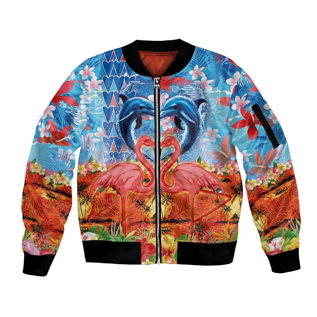 Hawaiian Love-Couple Dolphins and Flamingos Sleeve Zip Bomber Jacket - Polynesian Pride