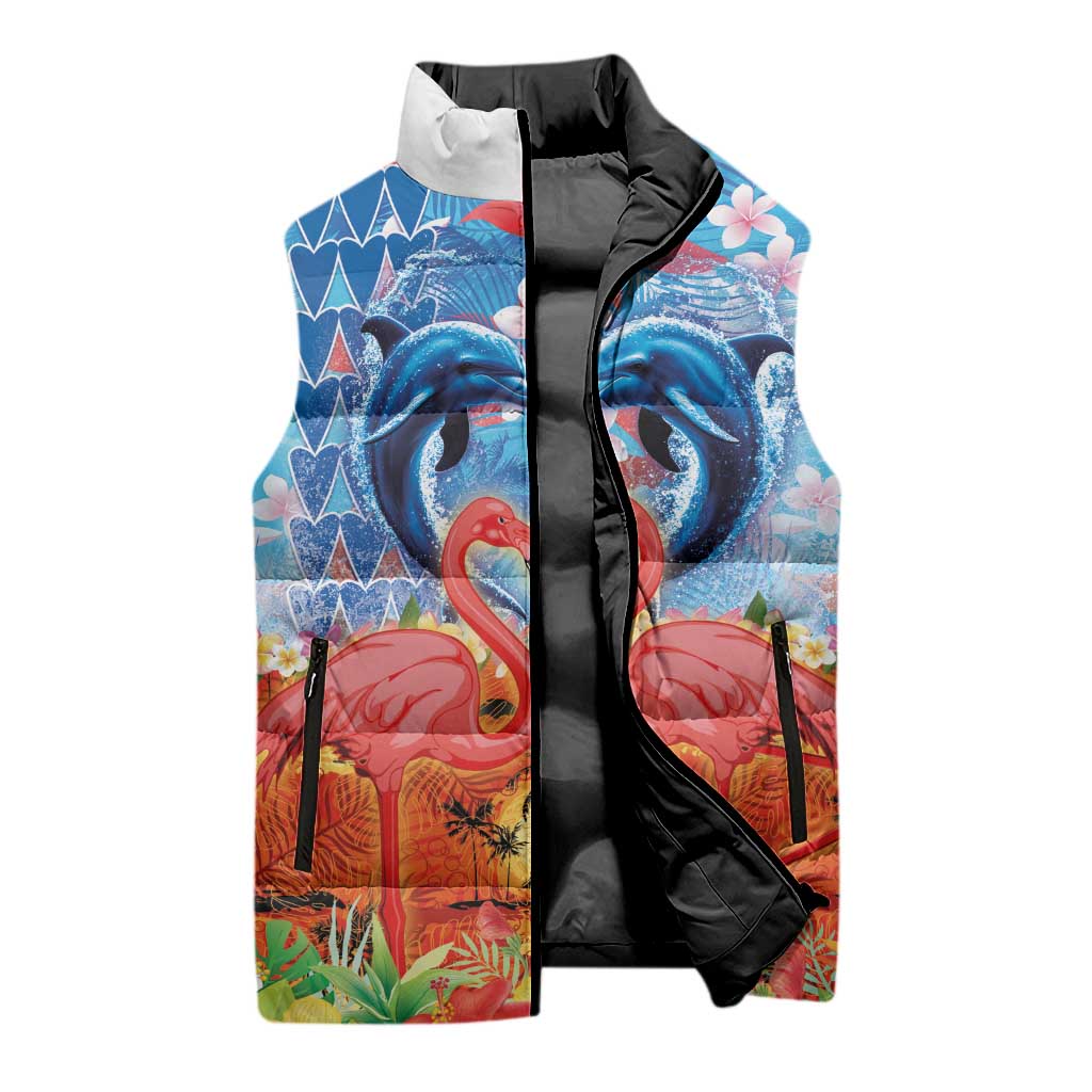 Hawaiian Love-Couple Dolphins and Flamingos Sleeveless Puffer Jacket - Polynesian Pride