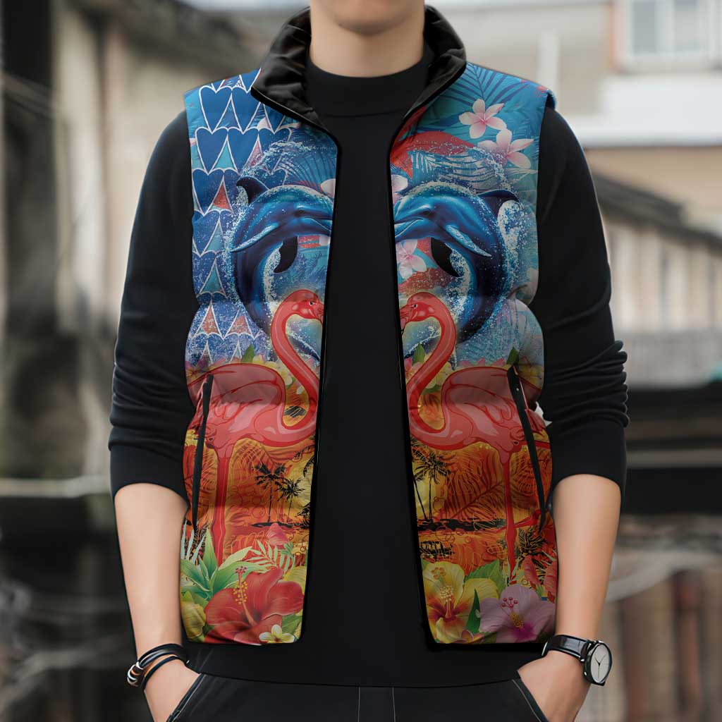 Hawaiian Love-Couple Dolphins and Flamingos Sleeveless Puffer Jacket - Polynesian Pride