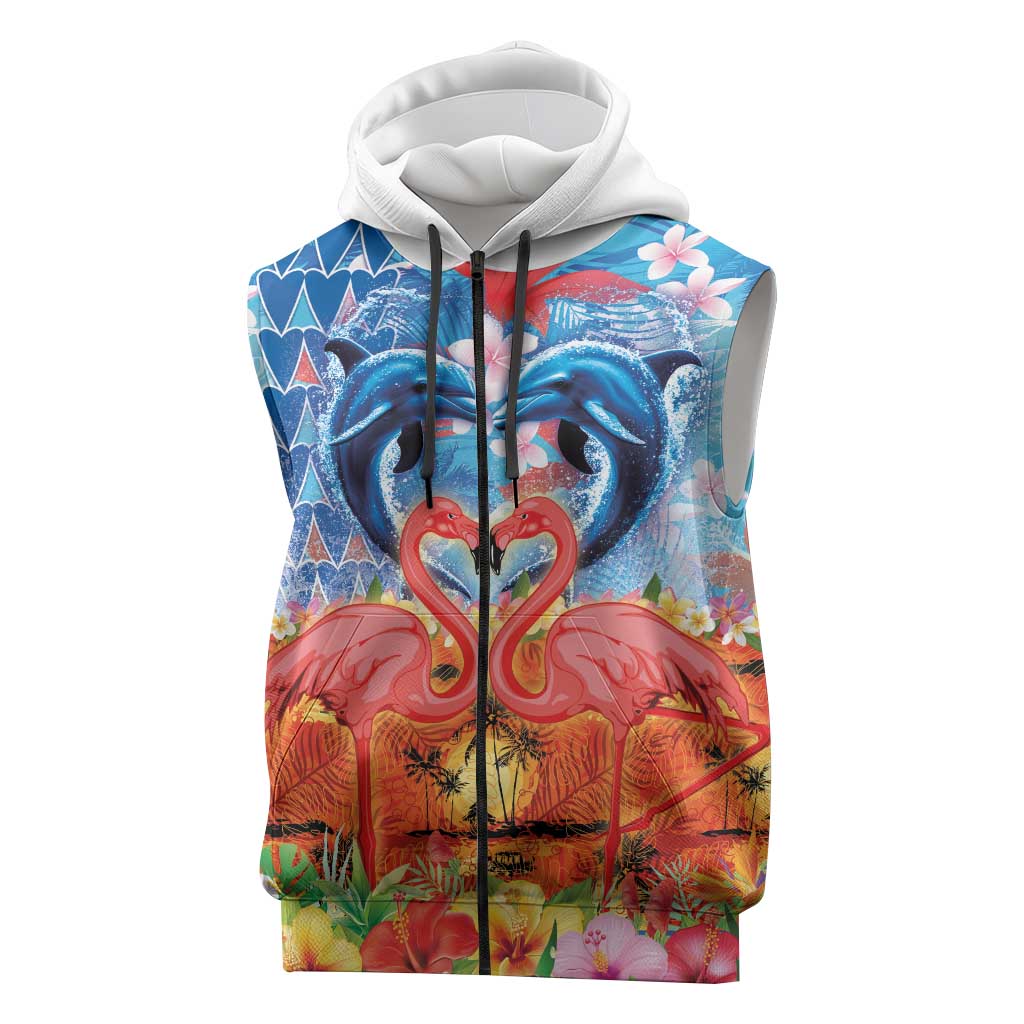 Hawaiian Love-Couple Dolphins and Flamingos Sleeveless Zip Hoodie - Polynesian Pride