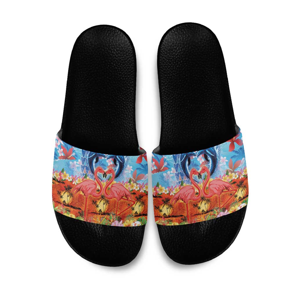 Hawaiian Love-Couple Dolphins and Flamingos Slide Sandals - Polynesian Pride